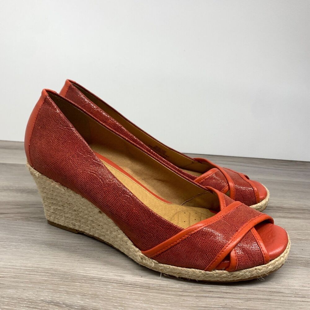 Nurture Shoes Womens 9.5 M‎ Antonia Espadrilles Red Leather Peep Toe Wedge